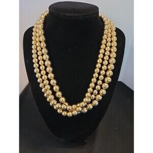 Gold 3 Strand Faux Pearl Necklace 16" Vintage Classic Elegant Mother Of Bride